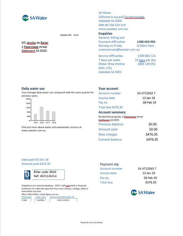 Netherlands SA Water utility bill in Word format